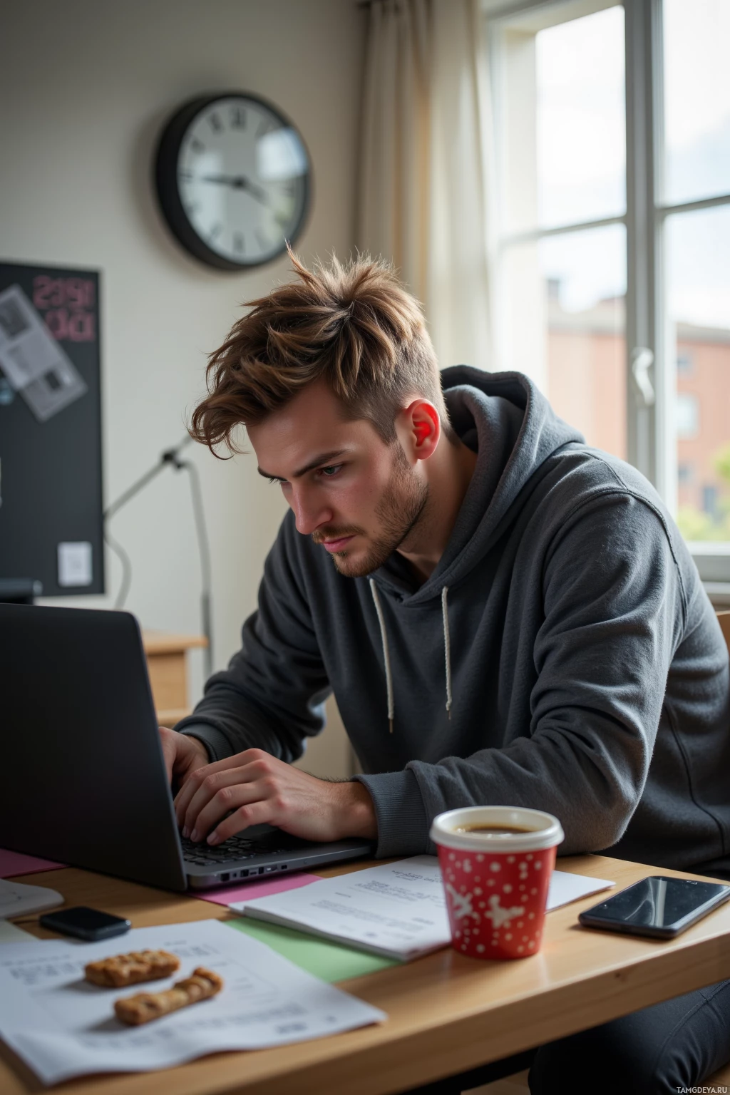A person in a hoodie is working on a laptop at a desk with a coffee cup and snacks nearby.