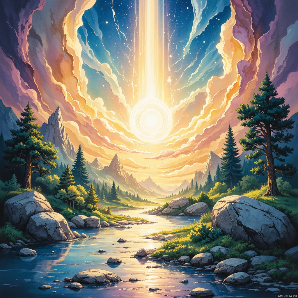 A serene landscape featuring a river, mountains, trees, and a radiant sky with a glowing light source.