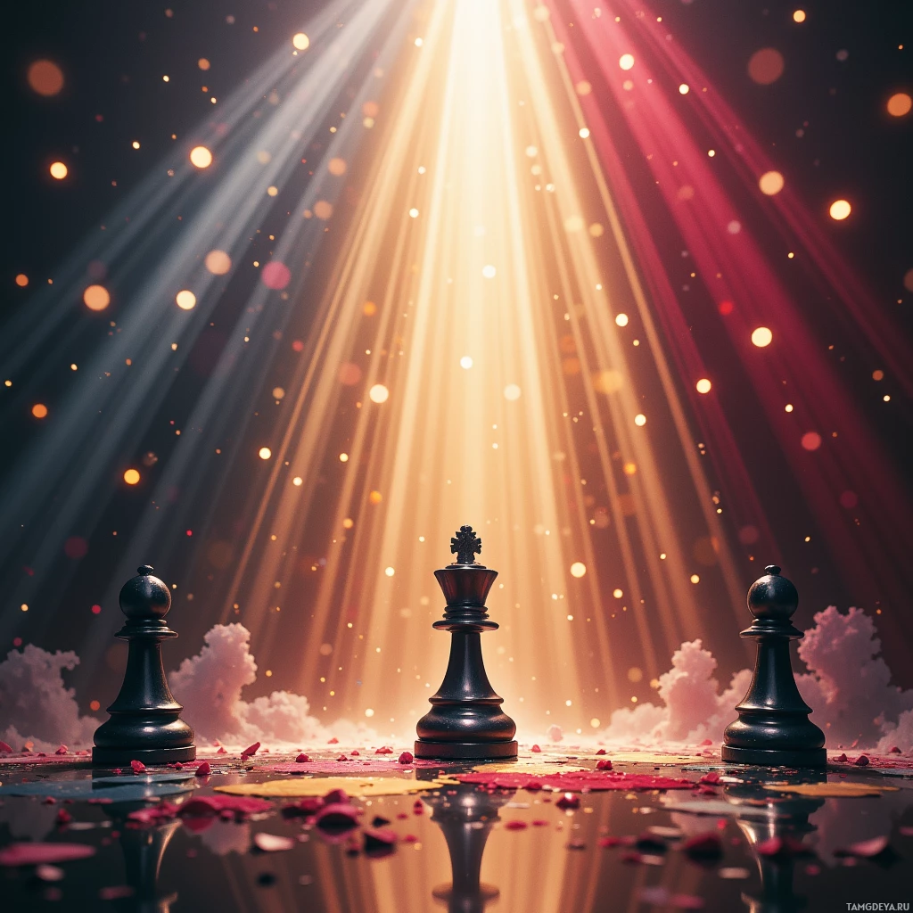 A chessboard scene with a radiant light beam and floating particles.