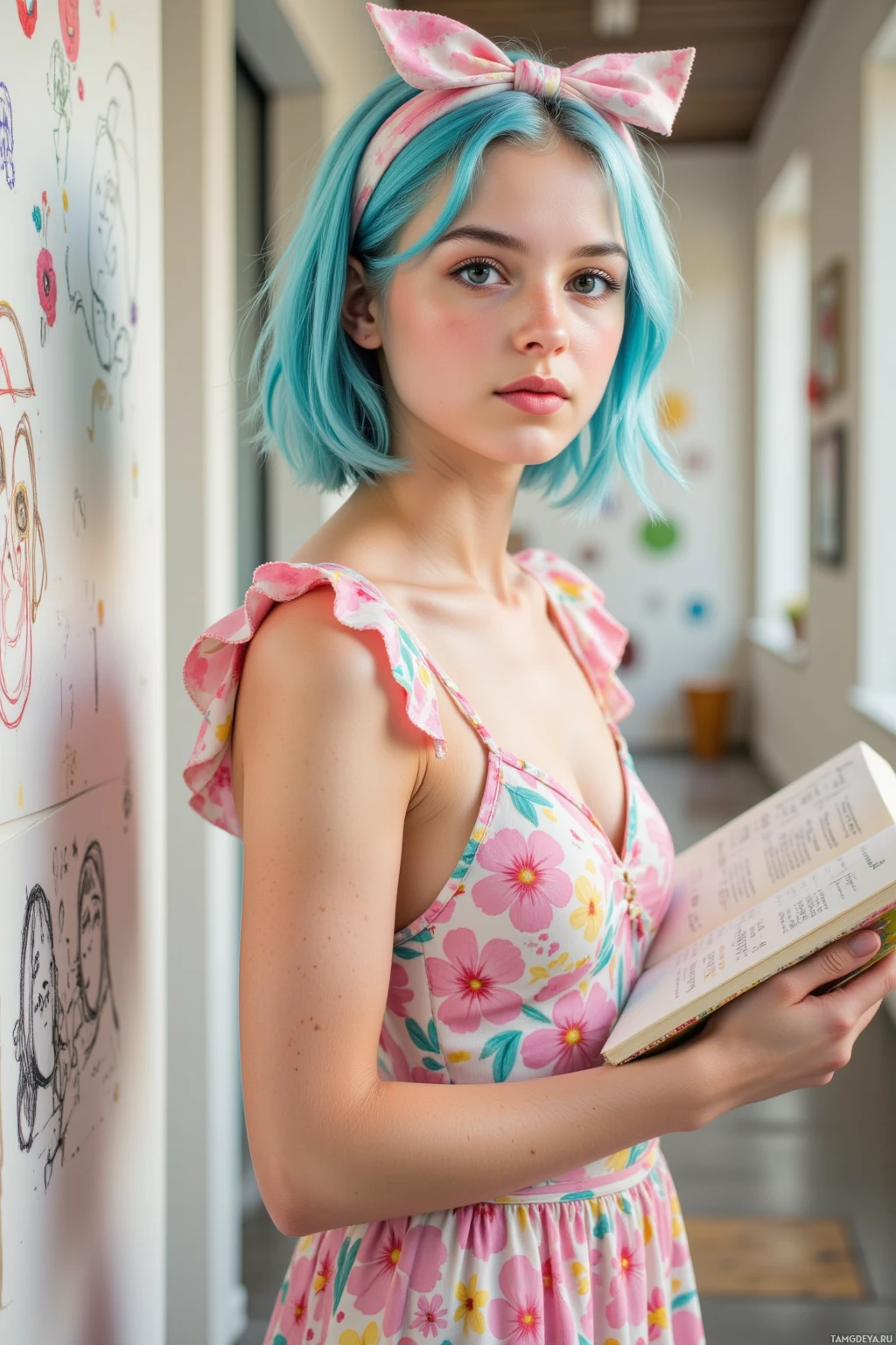 A person with blue hair and a pink floral dress holds an open book.