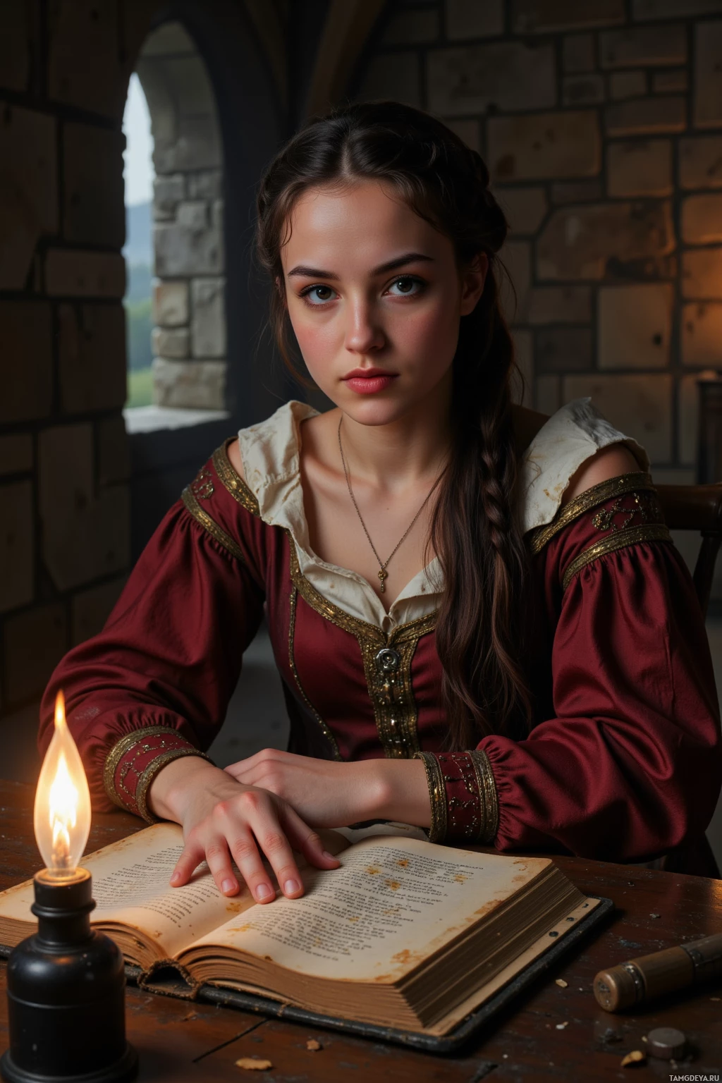 A young woman in a medieval-style dress sits at a table with an open book and a lit candle.