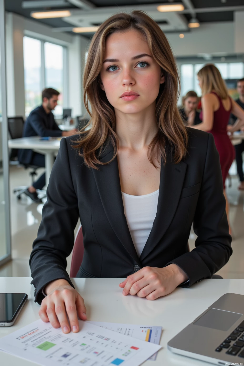 A woman in a professional setting, seated at a desk with a laptop and documents.