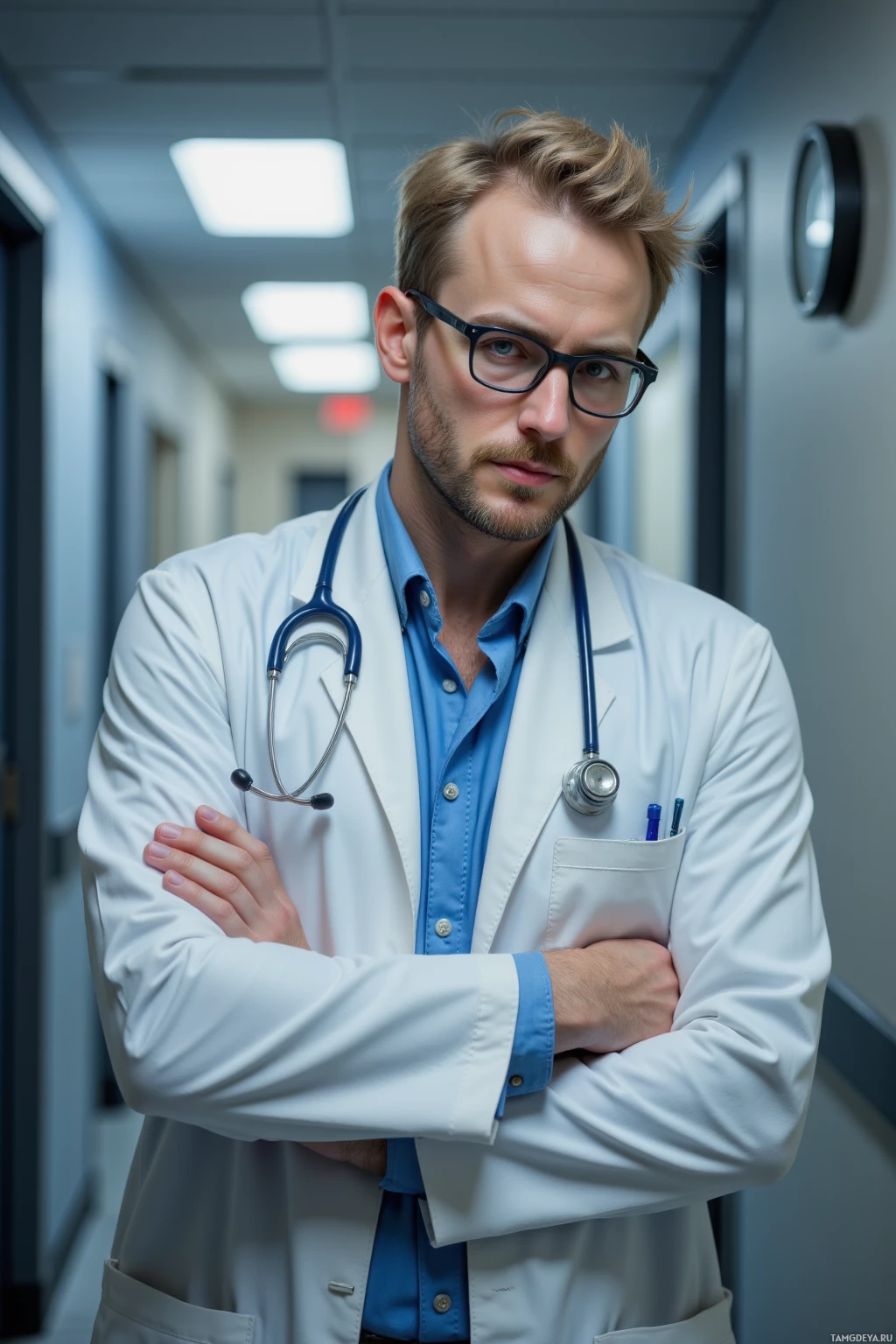 A male doctor in a white coat and blue shirt stands with arms crossed in a hospital hallway.