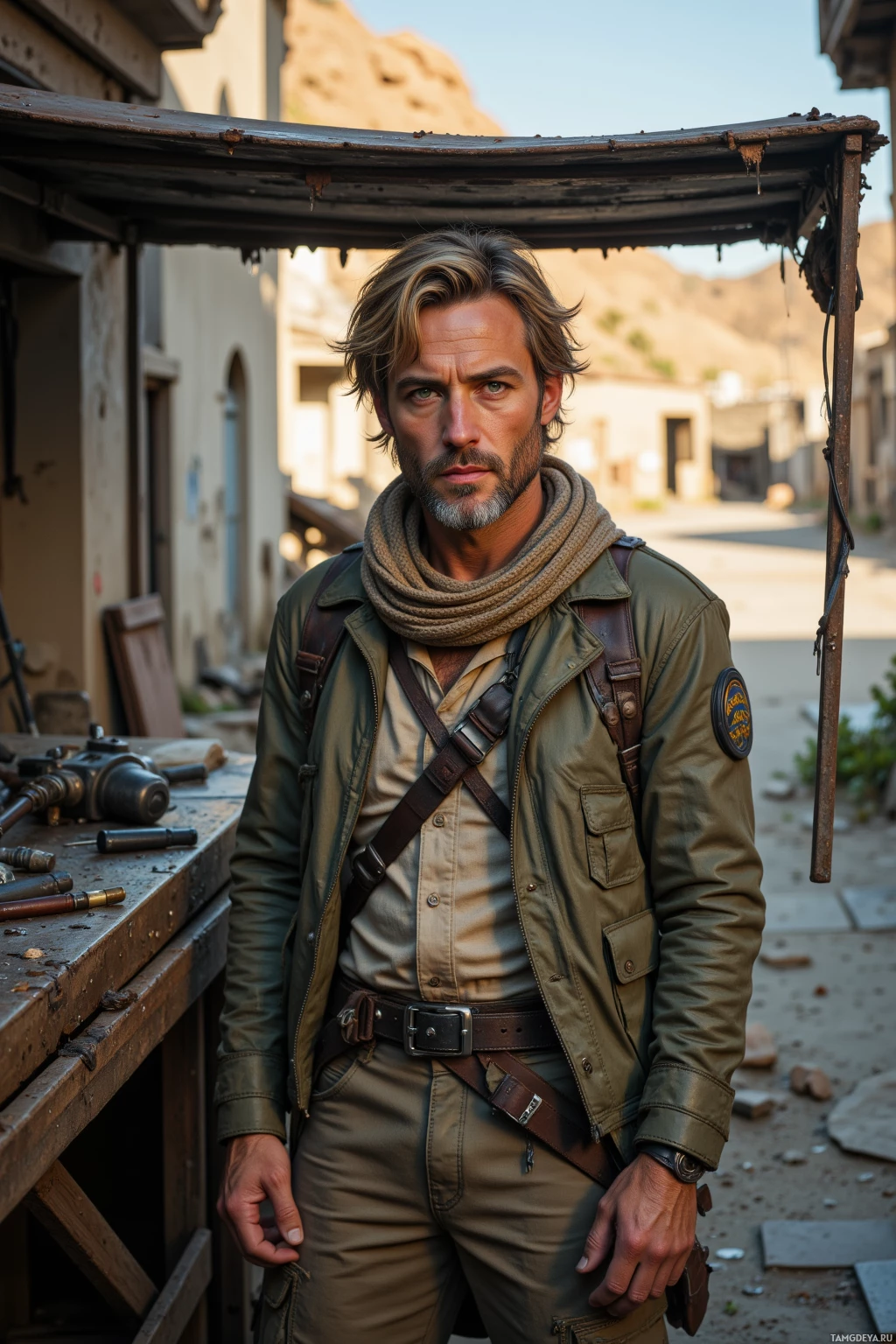 A man in a rugged outfit stands in a desert town setting.