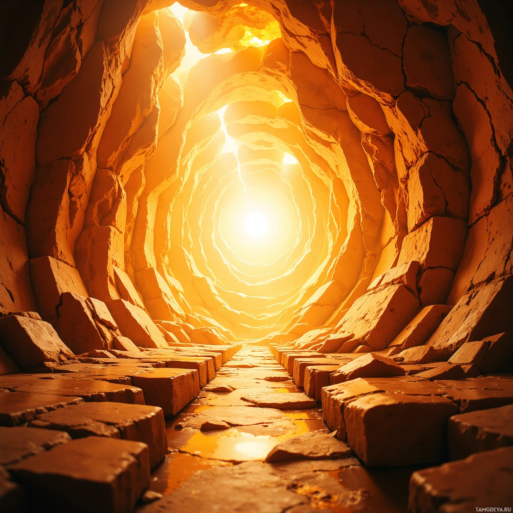 A sunlit, stone-walled tunnel leading to a bright light at the end.