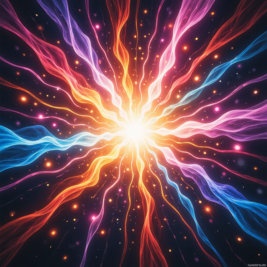 A vibrant, abstract image featuring radiating, colorful lines and glowing particles against a dark background.