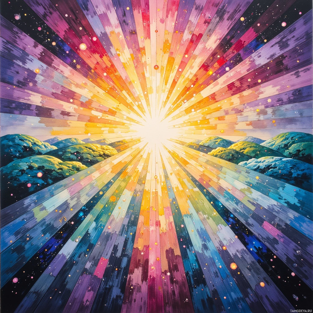 A vibrant, abstract painting featuring a radiant burst of colors converging towards a bright center, with a starry night sky and rolling hills in the foreground.