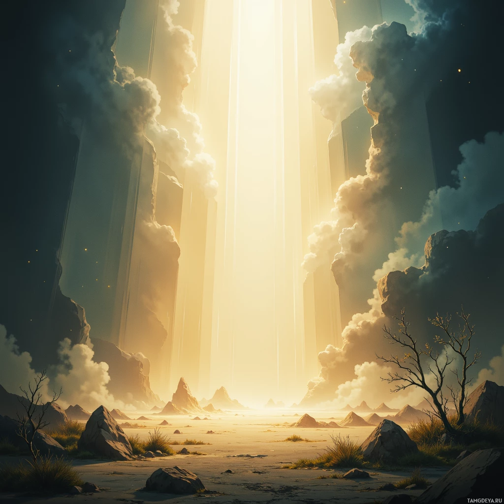 A serene landscape with towering rock formations and beams of sunlight piercing through the clouds.