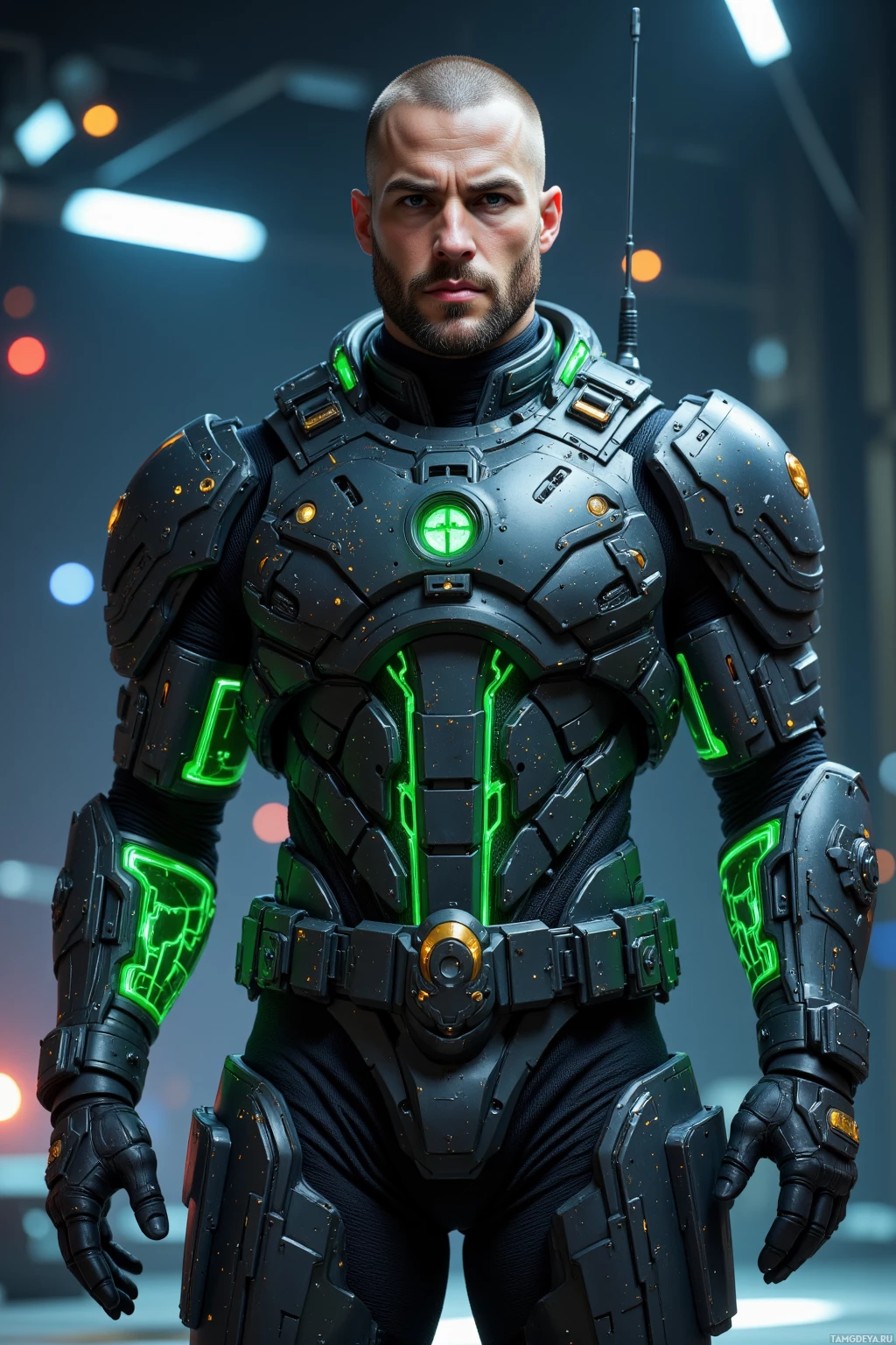 A futuristic armored figure with glowing green accents stands in a dimly lit environment.