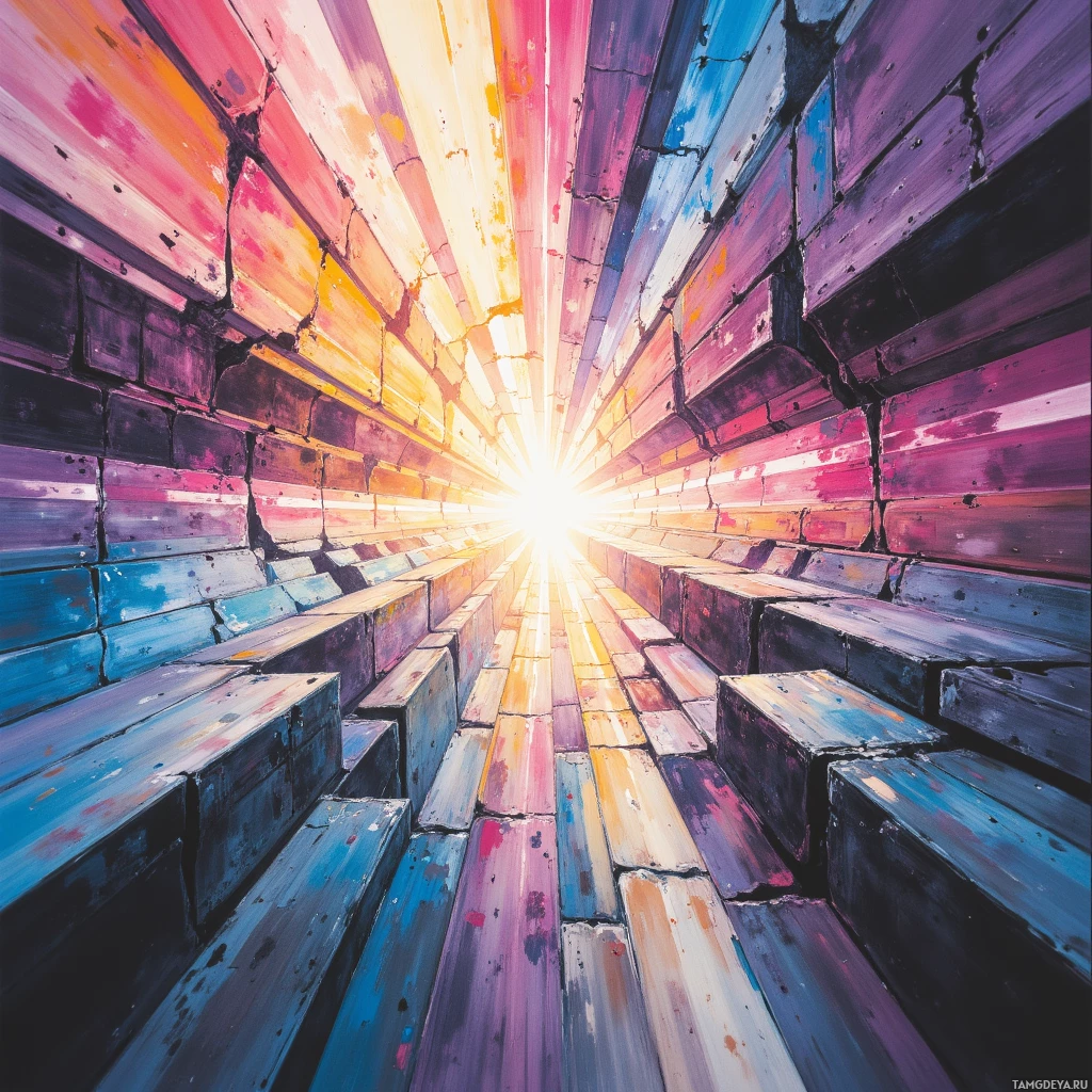 A vibrant, abstract painting featuring a tunnel-like structure with colorful, textured walls converging towards a bright light at the end.