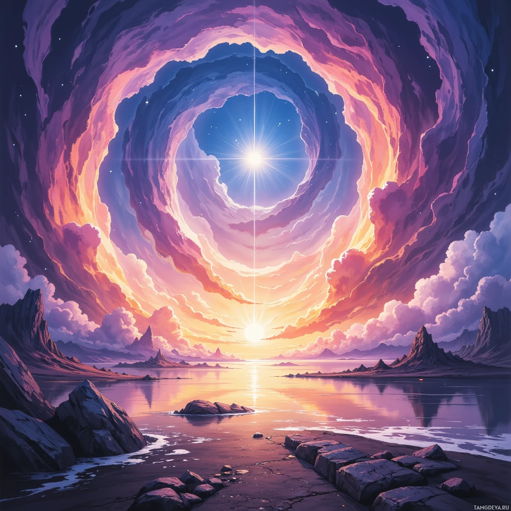 A surreal landscape featuring a glowing portal in the sky, surrounded by vibrant clouds and distant rocky terrain.