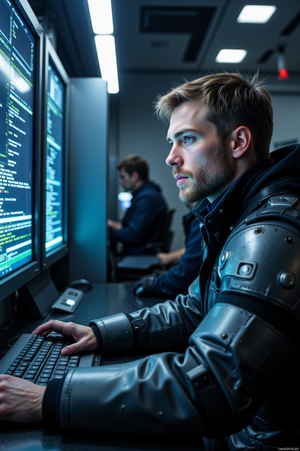 A person wearing a futuristic outfit is working at a computer in a high-tech environment.