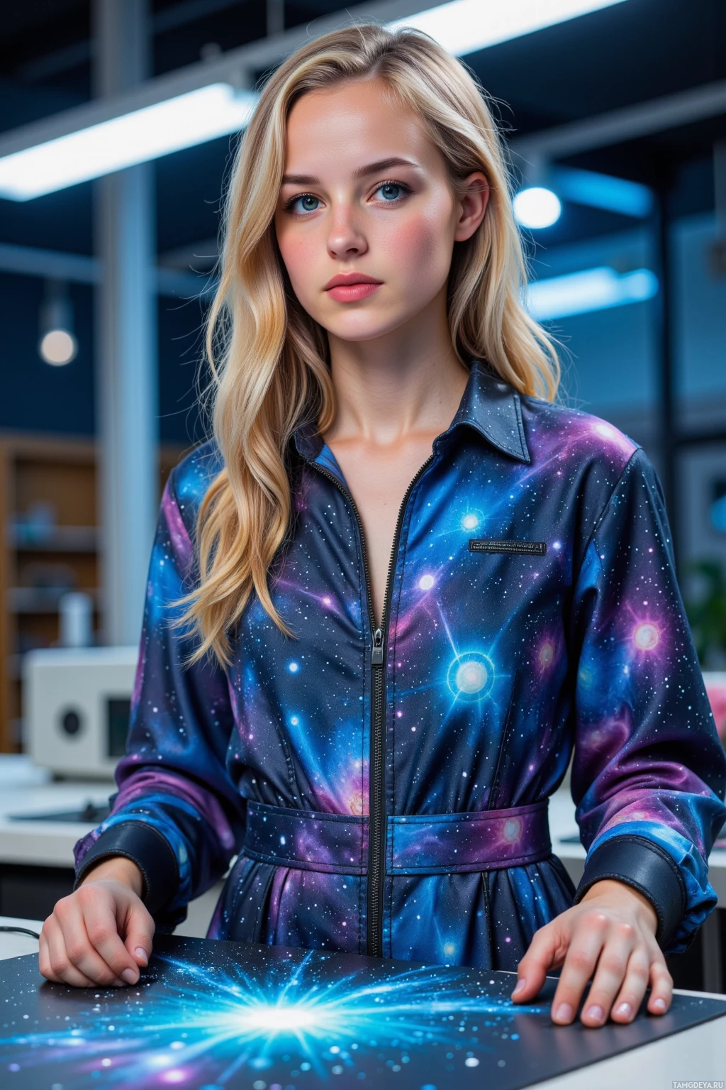 A person wearing a galaxy-themed jacket stands in a modern office setting.