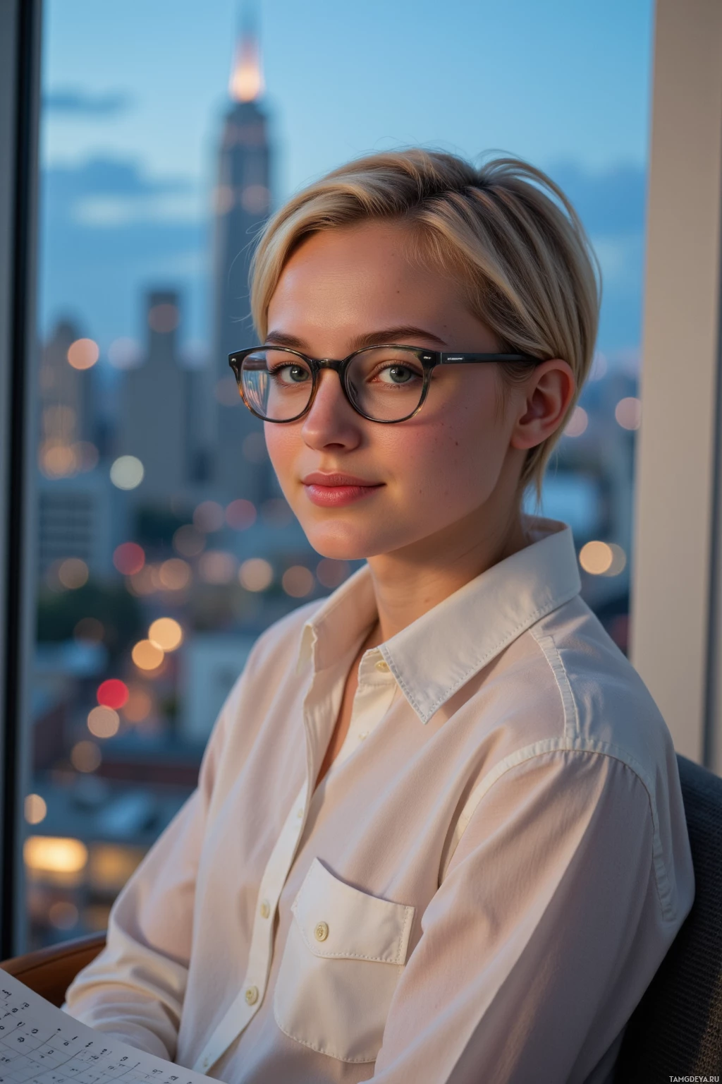A person wearing glasses and a white shirt sits in front of a window with a cityscape view.