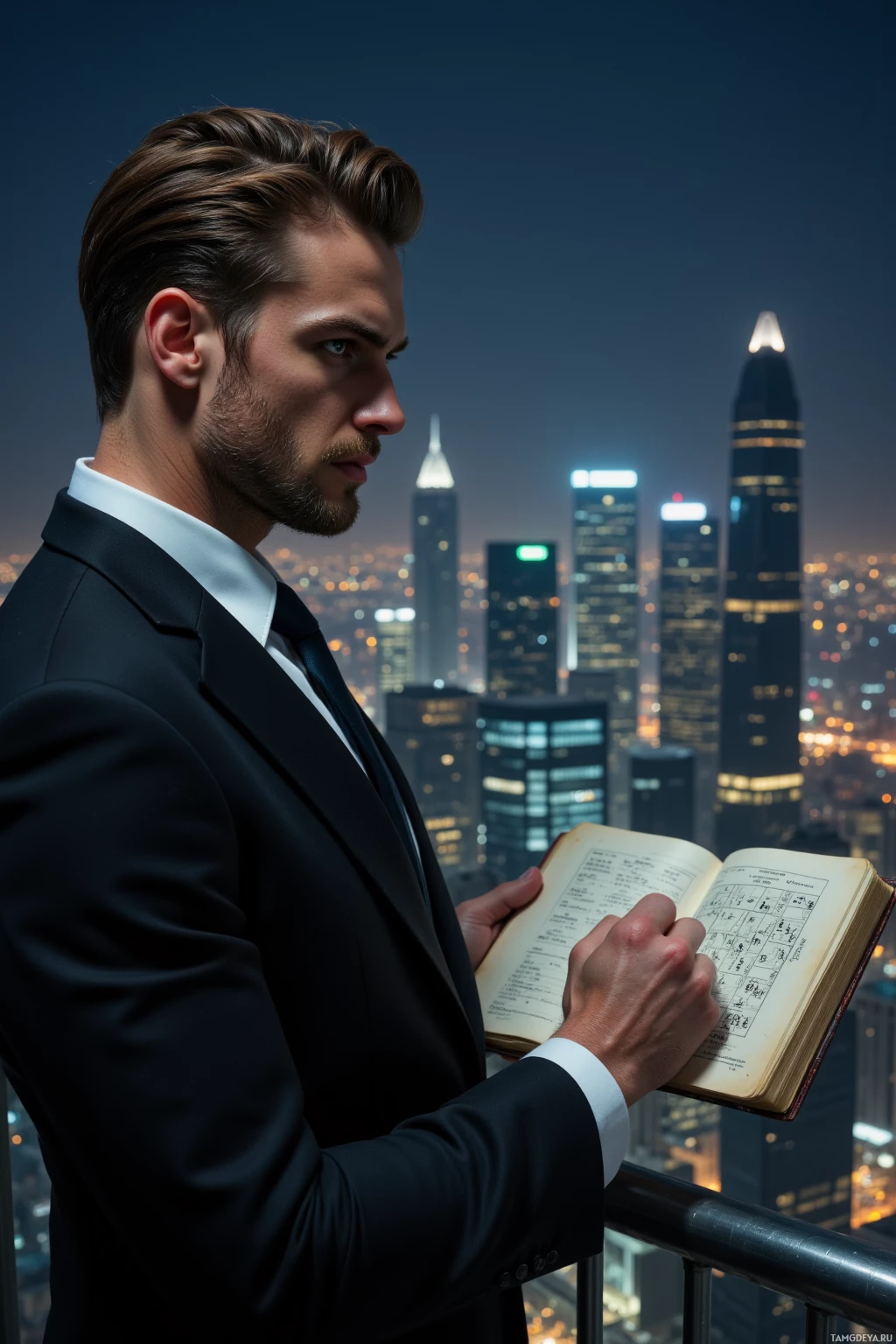 A man in a suit stands on a balcony overlooking a cityscape at night, holding an open book.