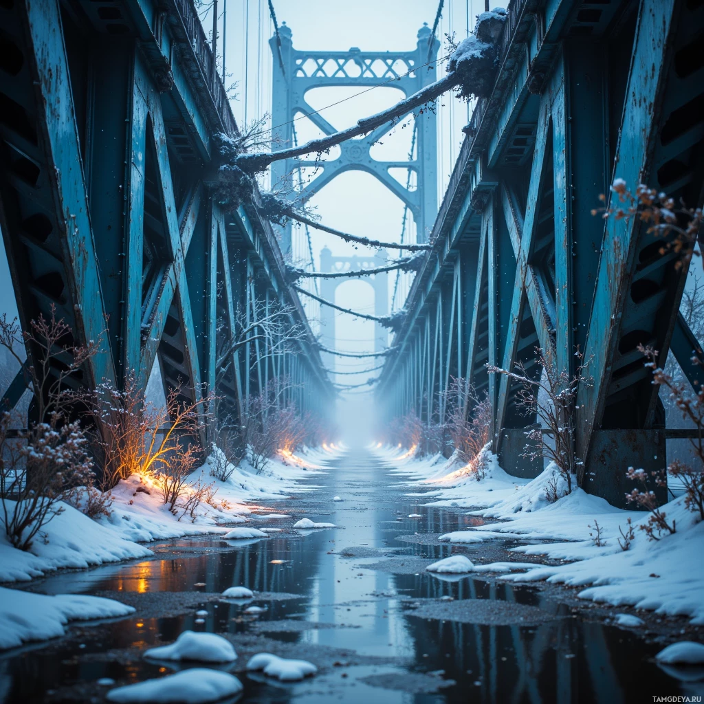 A serene winter scene featuring a snow-covered bridge with icy water below.
