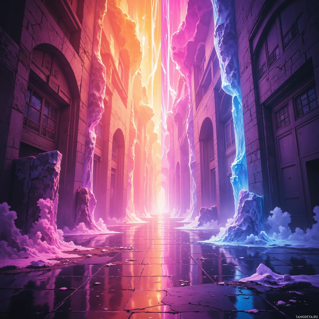 A surreal urban scene with glowing, colorful energy streams and melting ice.
