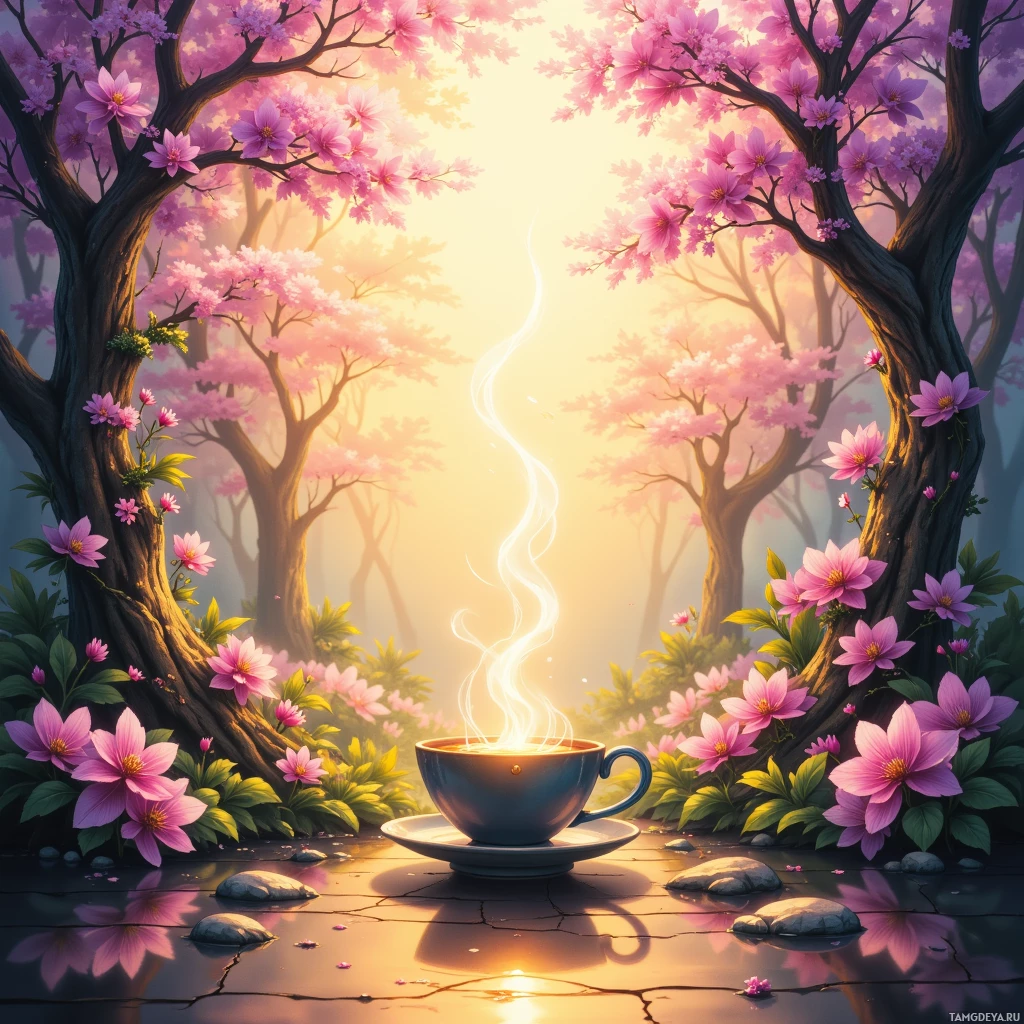A serene scene featuring a steaming cup of tea surrounded by blooming pink flowers and trees in a tranquil forest setting.