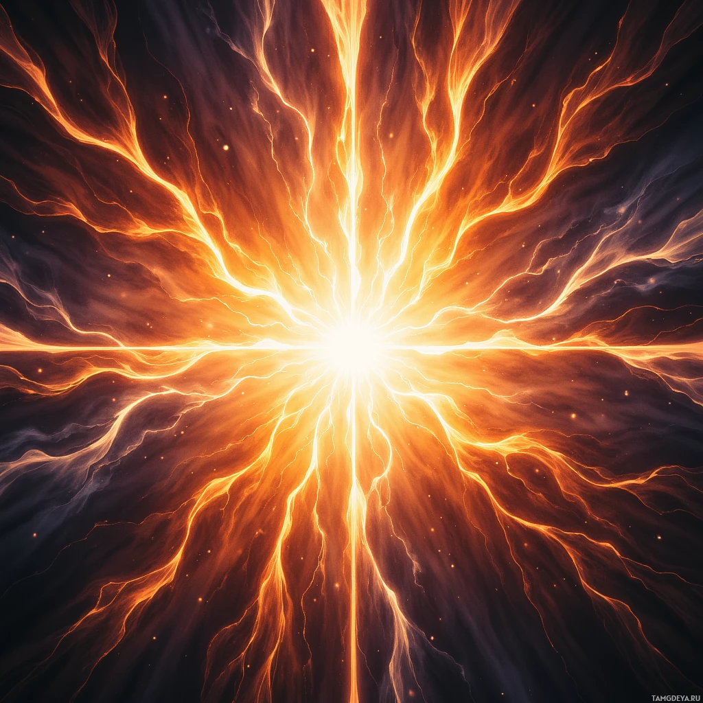 A radiant burst of orange and yellow light with radiating lines and particles.