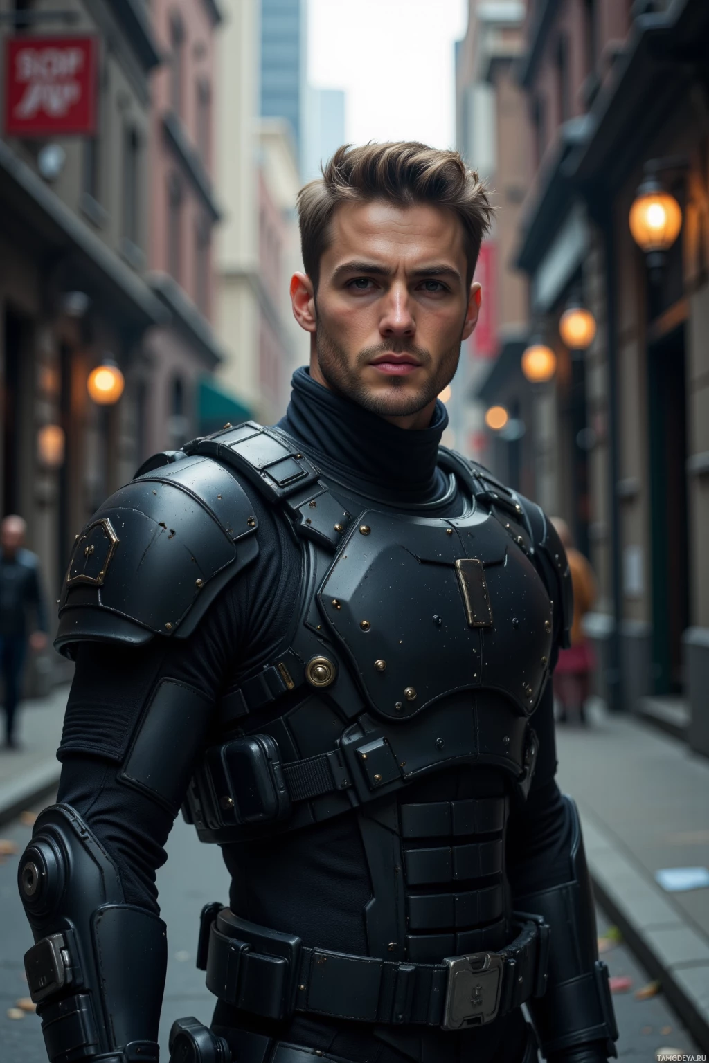 A person in a futuristic black armored suit stands on a city street.