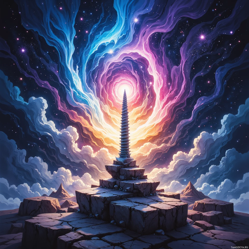 A fantastical scene featuring a tall, spiral structure atop a rocky platform, surrounded by swirling cosmic clouds and a starry sky.