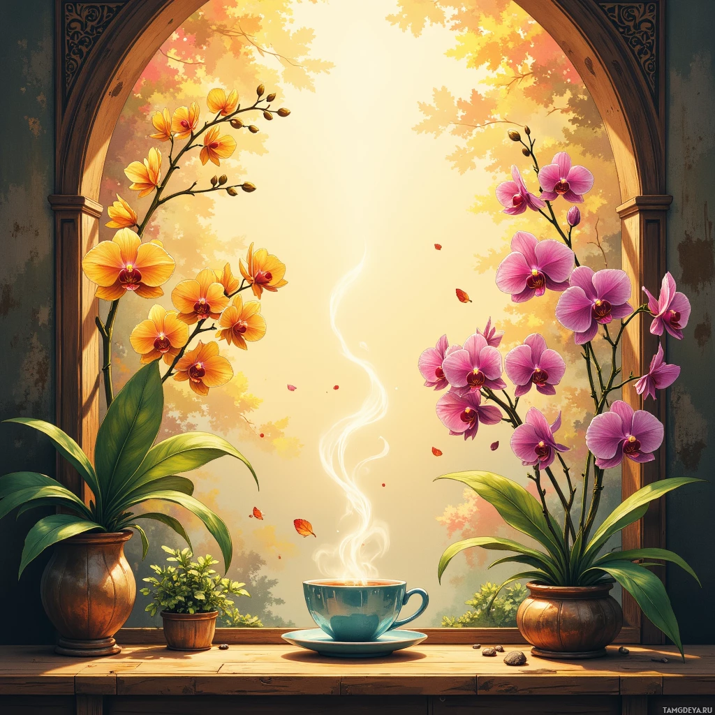 A serene window scene with potted orchids, a steaming cup of tea, and a view of autumn foliage.