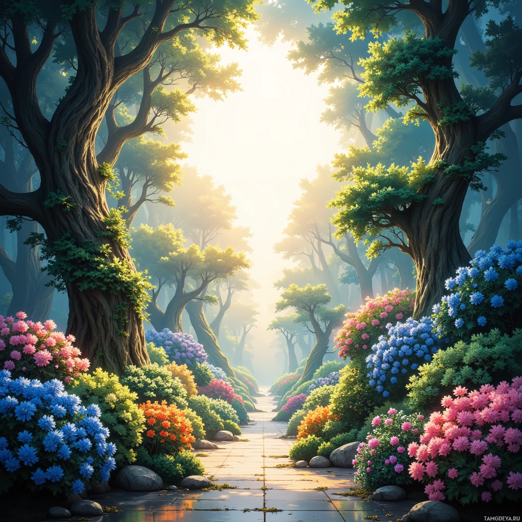 A serene forest path lined with vibrant flowers and towering trees bathed in golden sunlight.