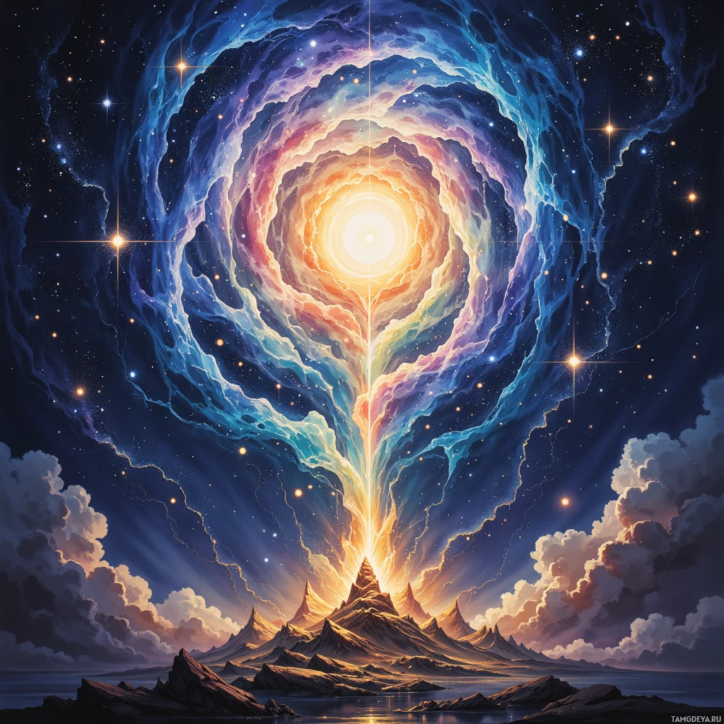 A vibrant cosmic scene featuring a swirling galaxy and a mountainous landscape beneath a starry sky.