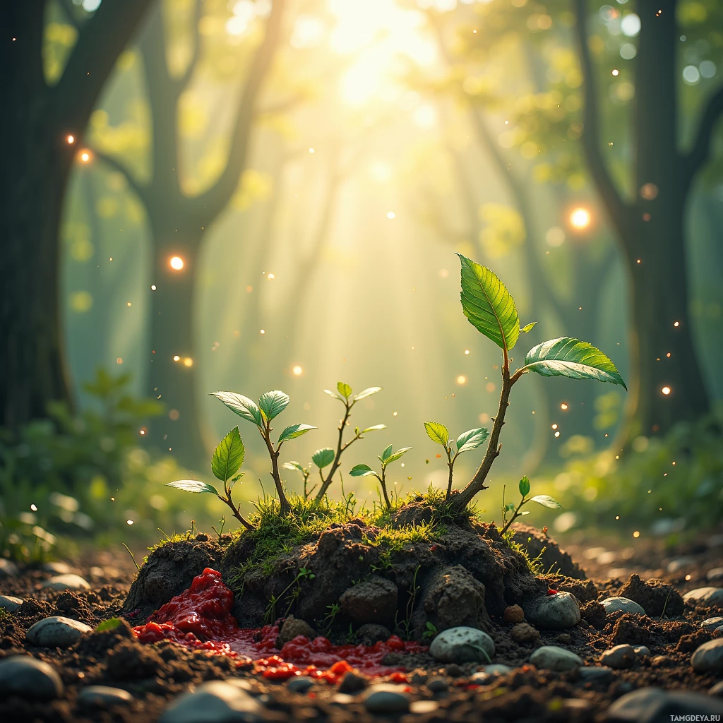 A young plant grows amidst rocks and soil in a sunlit forest.