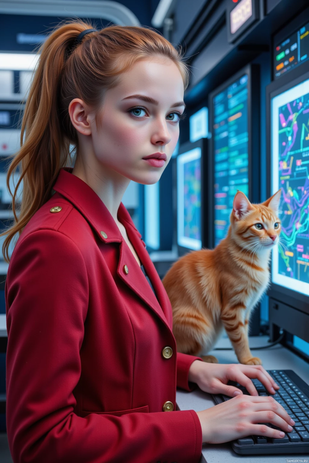 A woman in a red jacket works at a computer with a cat sitting nearby.