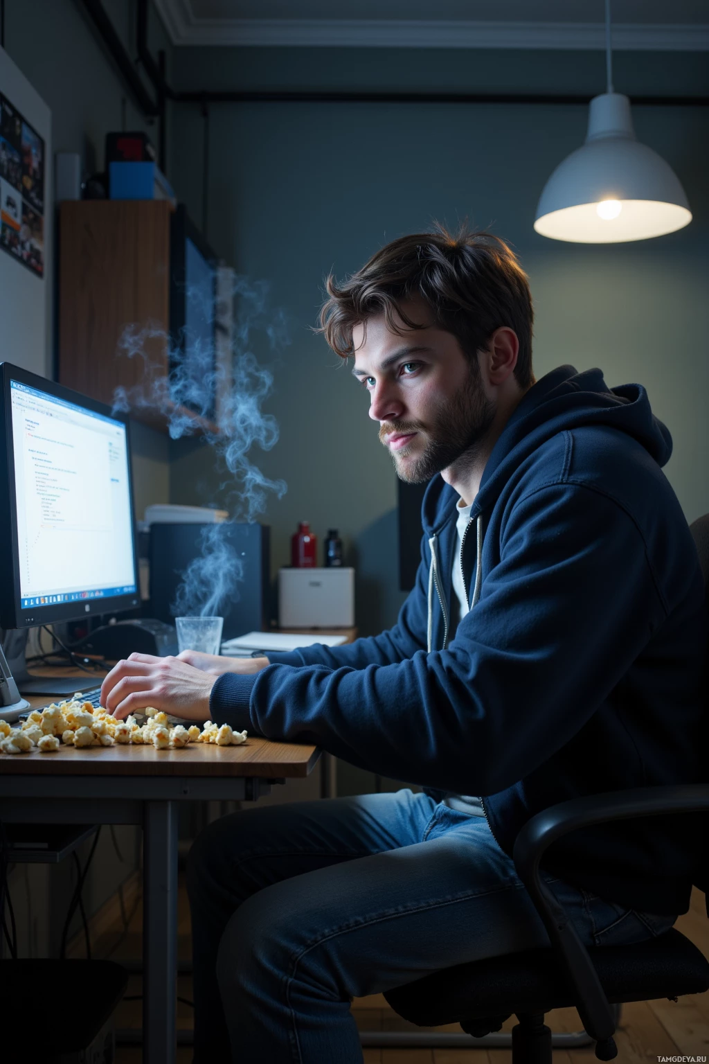 A person is sitting at a desk working on a computer with a monitor displaying code.
