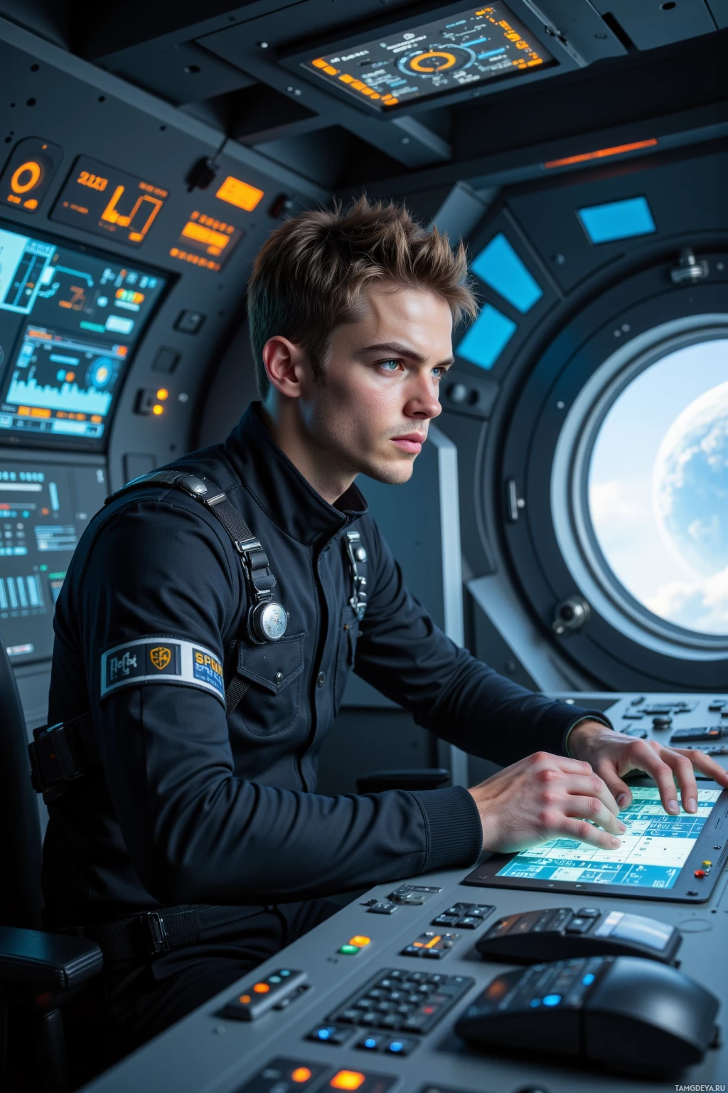 A person in a futuristic space suit operates a control panel in a spacecraft.