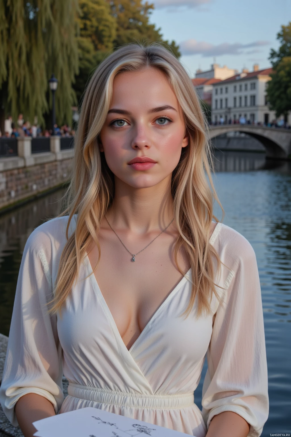 A woman in a white dress stands by a river, with a bridge and trees in the background.