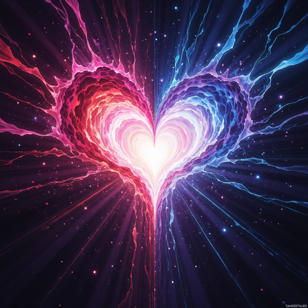 A vibrant, cosmic heart with radiant energy and star-like particles.