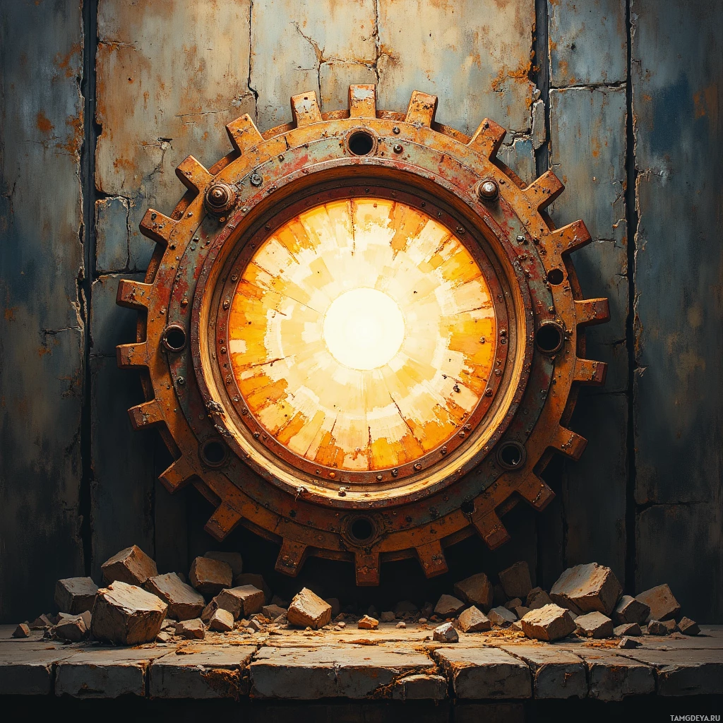 A rusted, circular metal door with a glowing center is surrounded by debris and cracked walls.
