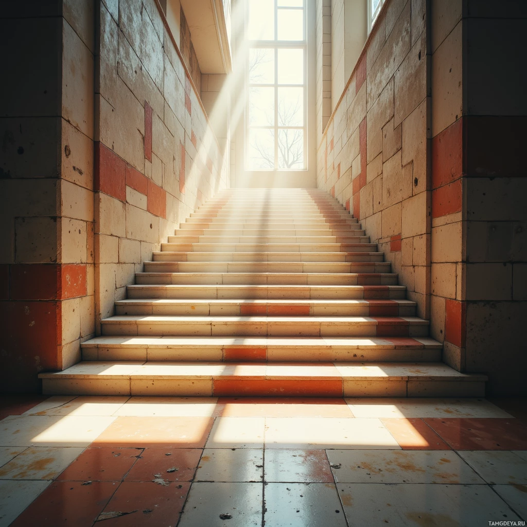 A sunlit staircase with light streaming through a window at the top.