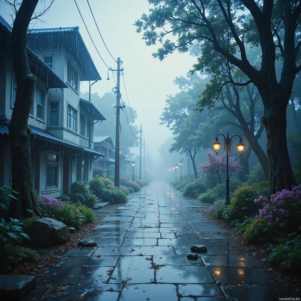 A rainy street lined with trees and illuminated by street lamps.