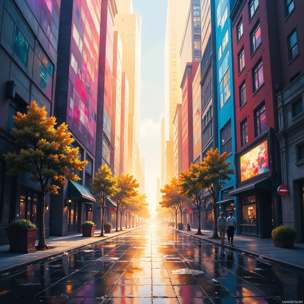 A vibrant city street lined with colorful buildings and trees, bathed in the warm glow of a setting sun.