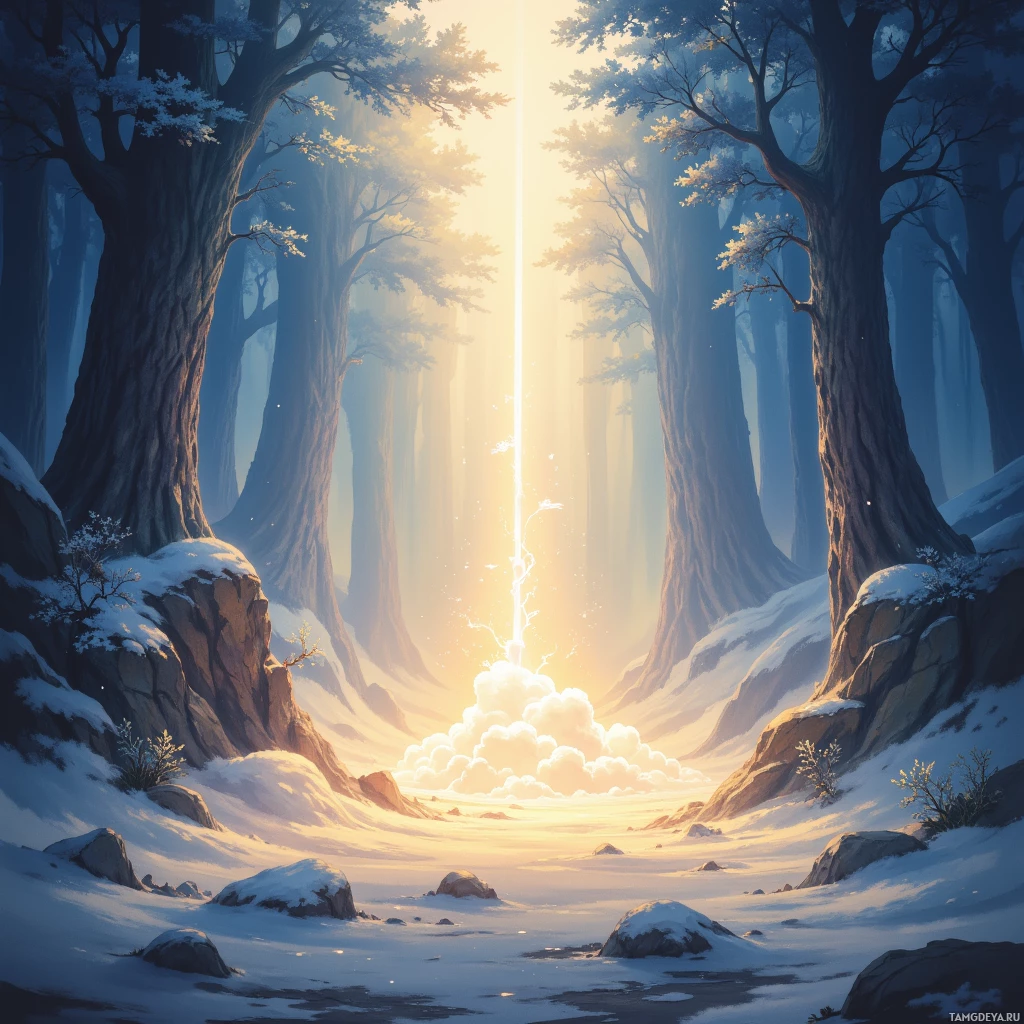 A serene winter landscape with tall trees, snow-covered ground, and a radiant light beam piercing through the forest.