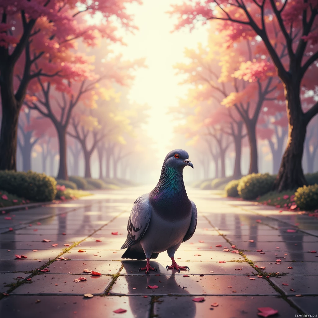 A pigeon stands on a wet path surrounded by trees with pink and yellow leaves, bathed in soft sunlight.