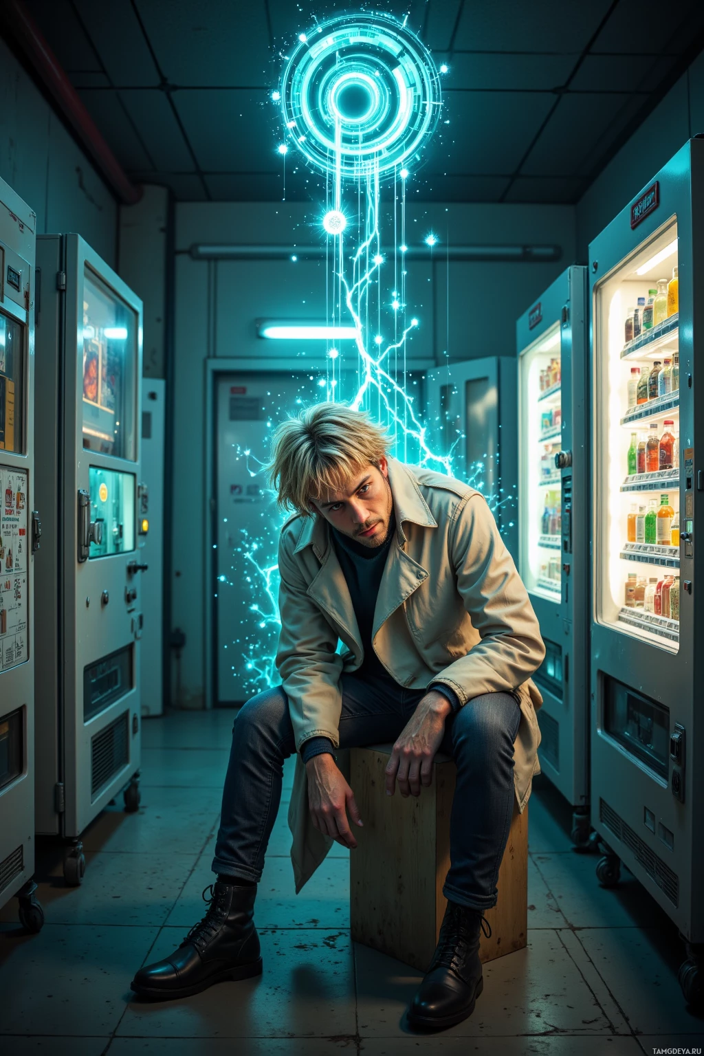 A man sits on a wooden block in a dimly lit room with vending machines, surrounded by glowing blue energy.