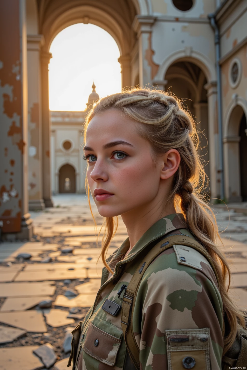 A person in a military uniform stands in front of an arched building with a bright sky in the background.