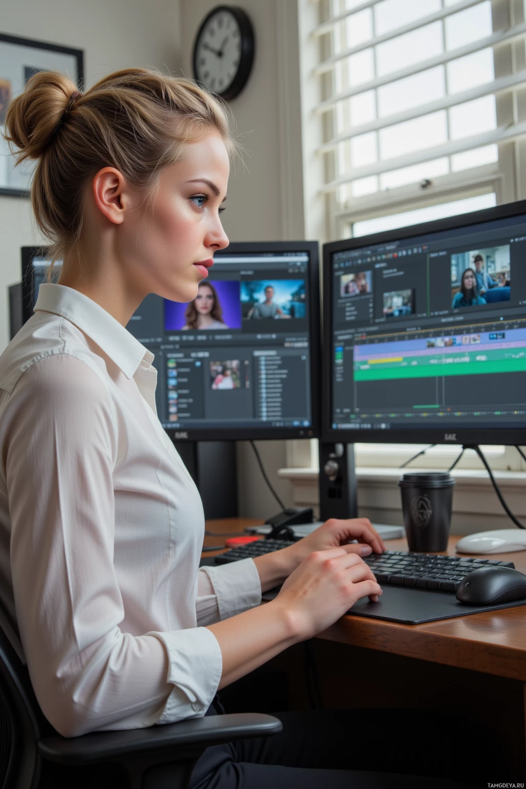 A woman is working at a desk with two computer monitors displaying video editing software.