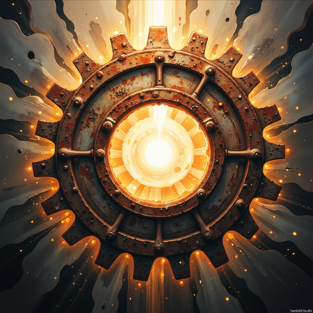 A glowing, rusted gear with radiating light and fiery accents.