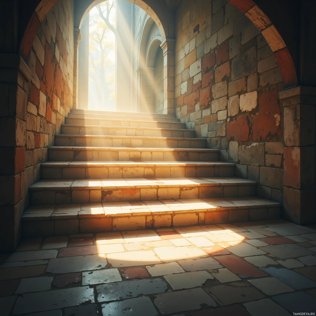 A sunlit stone staircase leading to an arched doorway.