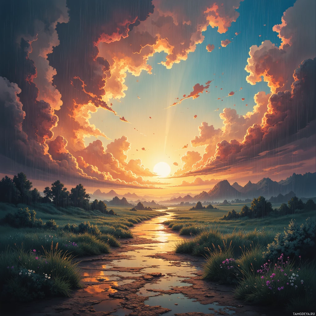 A serene landscape with a river, mountains, and a vibrant sunset sky.