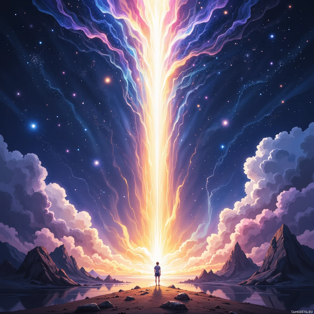 A person stands on a rocky island, gazing at a radiant, colorful beam of light piercing the night sky.