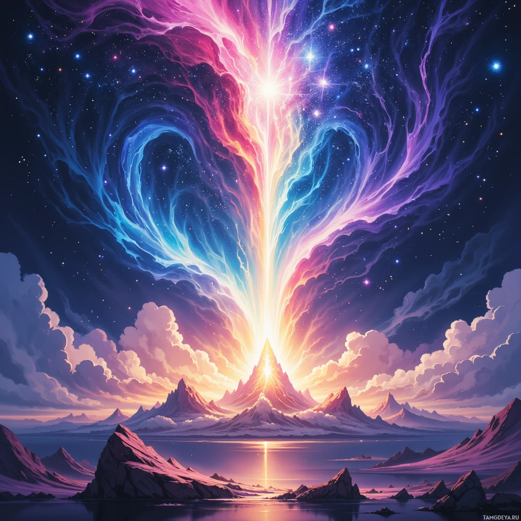 A vibrant, cosmic landscape featuring a radiant light source at the center, surrounded by swirling nebulae and mountainous terrain.
