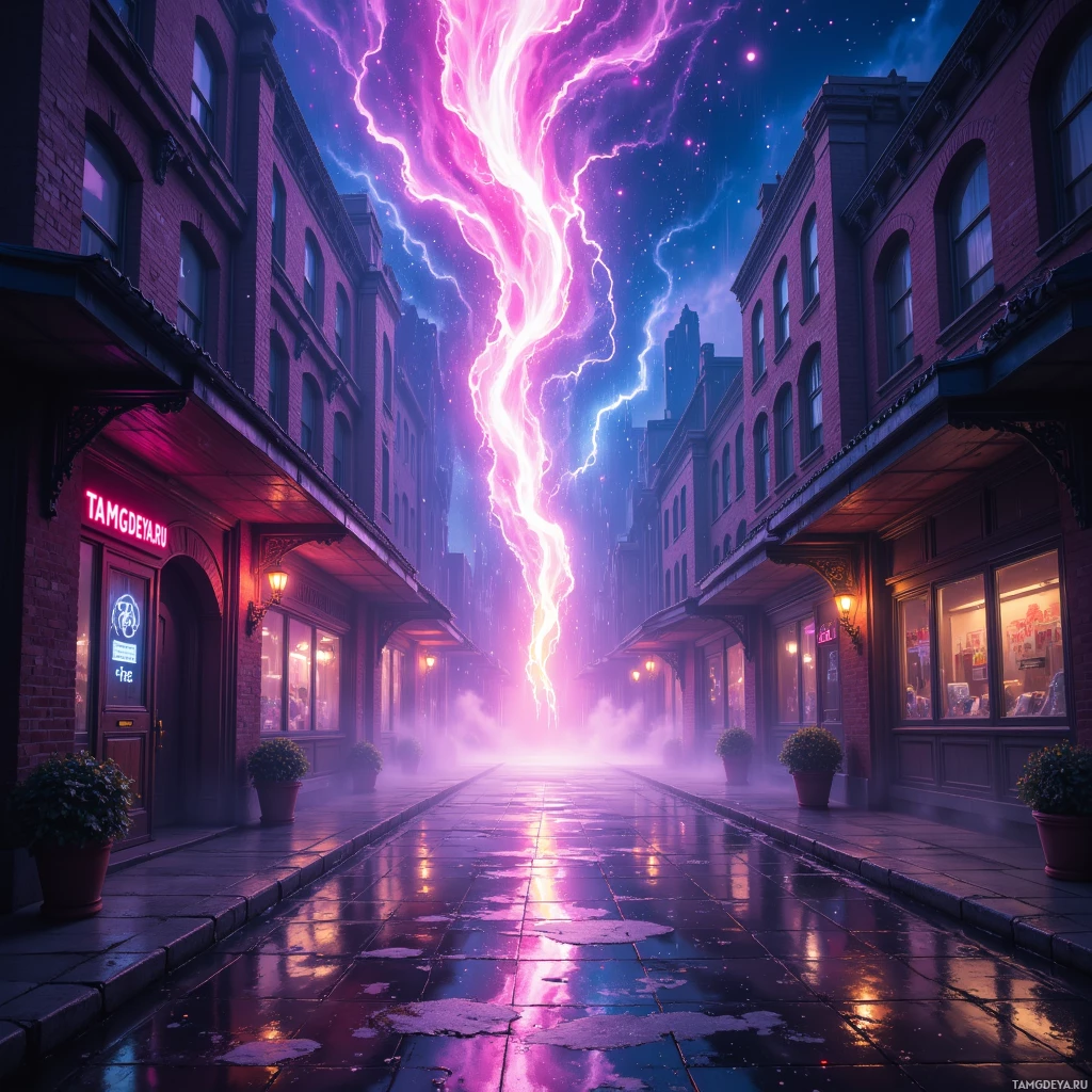 A vibrant, neon-lit street scene with a striking lightning bolt illuminating the sky.