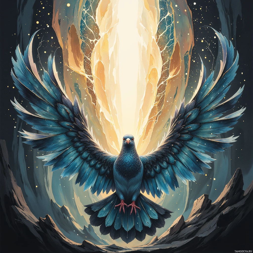 A majestic blue bird with outstretched wings stands before a glowing, radiant light source.